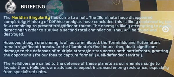 The briefing for the Major Order that sends the Helldivers 2 players to reclaim sites.