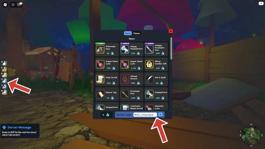 Vestera the Shop window, with red arrows pointing to the Shop button and the codes text box.